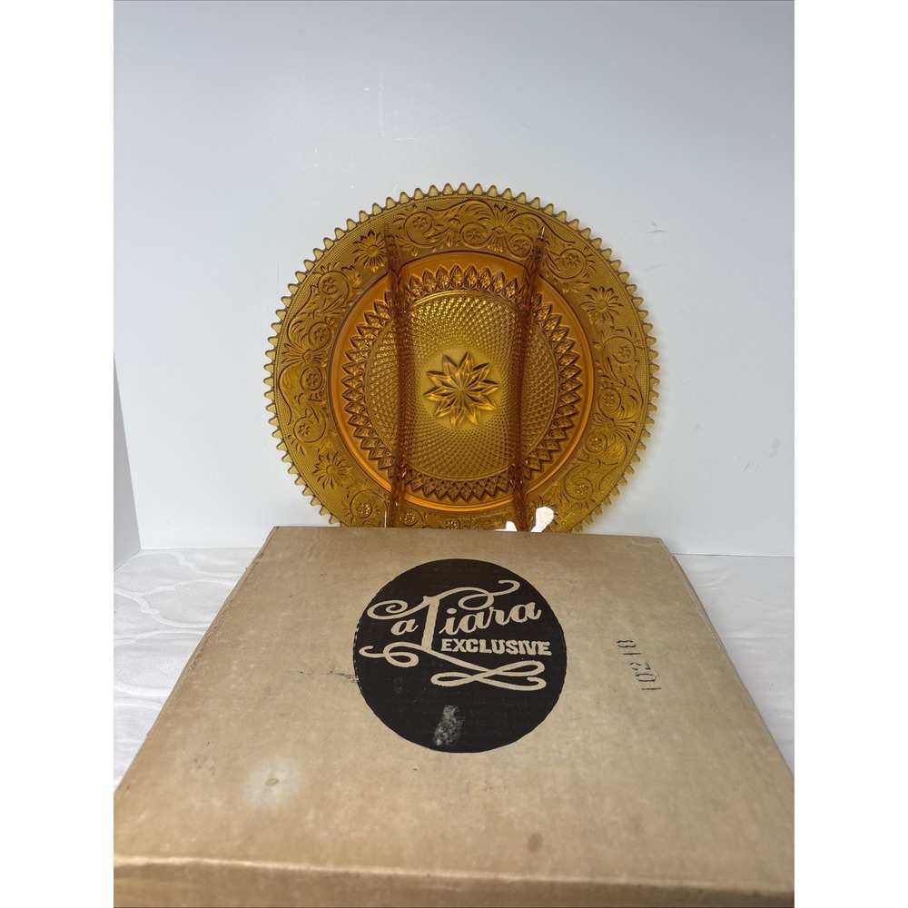 Vintage Indiana Tiara Amber Sandwich Glass 3 Part Dish Divided Serving Tray 12"